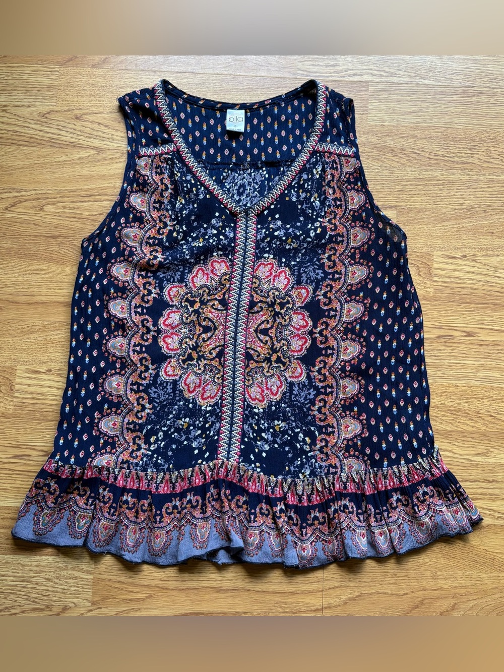 Bila Navy Paisley Geometric Ruffle Hem Sleeveless Top Embroidered Boho Sz S